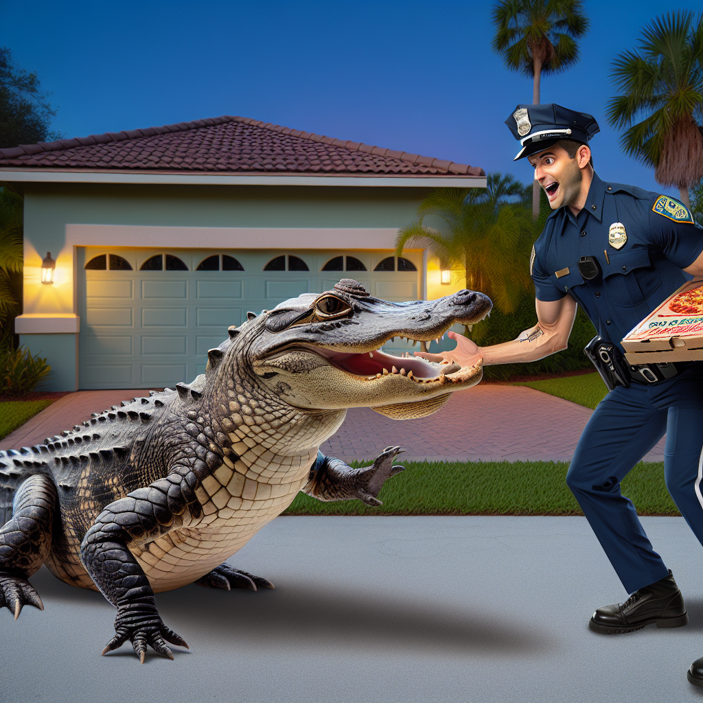 BREAKING: GATOR-GATE ROCKS SUNSHINE STATE AS OFFICER SAVES PIZZA DELIVERY FROM JAWS OF DEATH

In a daring display of bravery, a Florida police officer leapt into action yesterday evening to rescue a pizza delivery guy from the deadly grip of a marauding alligator