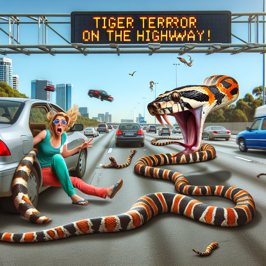 BREAKING: TIGER TERROR ON THE HIGHWAY!

In a bizarre incident that has left authorities and motorists alike scratching their heads, a woman’s leisurely drive turned into a heart-stopping, soul-crushing, and downright terrifying experience when a DEADLY TIGER SNAKE somehow managed to slither up her leg while she was driving on the freeway!

According to eyewitnesses, the woman, identified as 32-year-old Sarah Johnson, suddenly pulled over to the side of the road, causing a massive traffic jam and sending shockwaves throughout the community