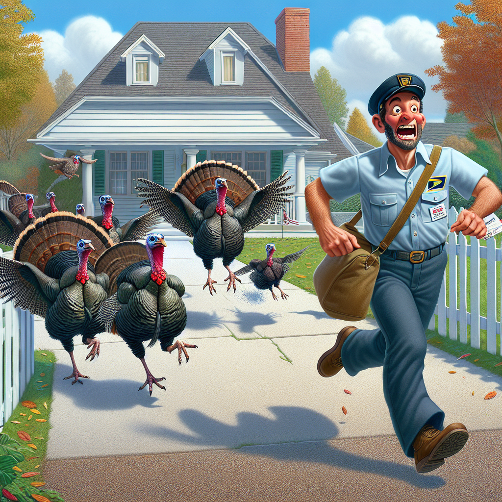 BREAKING: FOWL PLAY! Mail Carrier’s Day Turns into Wild Turkey Chase

In a bizarre incident that has left residents of a quiet Massachusetts neighborhood in stitches, a local mail carrier was chased by a gang of fierce and furious wild turkeys on his daily delivery route