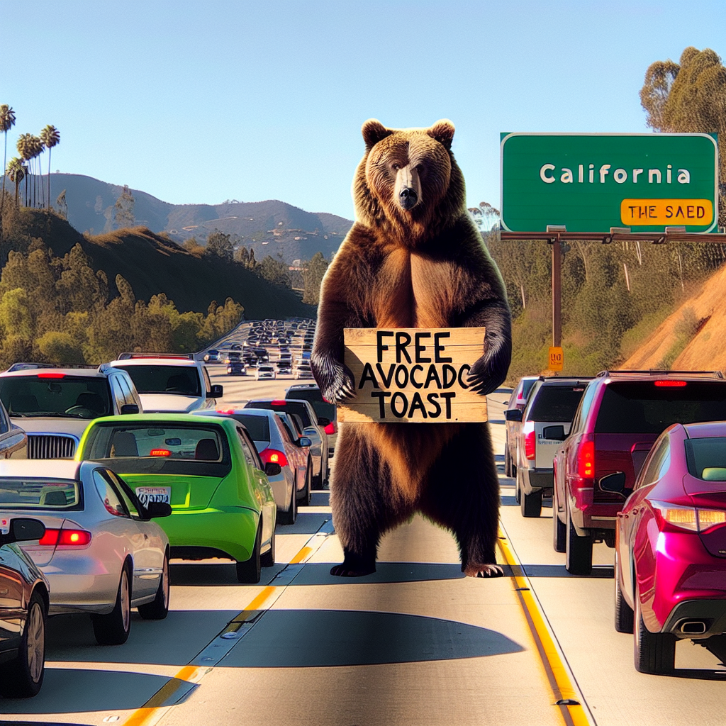 BREAKING: BEAR CAUSES CHAOS ON CALIFORNIA HIGHWAY, DEMANDS FREE AVOCADO TOAST

In a bizarre incident that has left motorists scratching their heads, a massive grizzly bear brought traffic to a standstill on Highway 101 in California yesterday evening