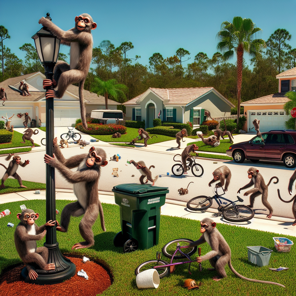 BREAKING: MONKEY MAYHEM HITS SUBURBAN FLORIDA

 Residents of Oakwood Estates in suburban Florida are going bananas after a troop of mischievous monkeys was spotted roaming the neighborhood, leaving a trail of chaos and destruction in their wake