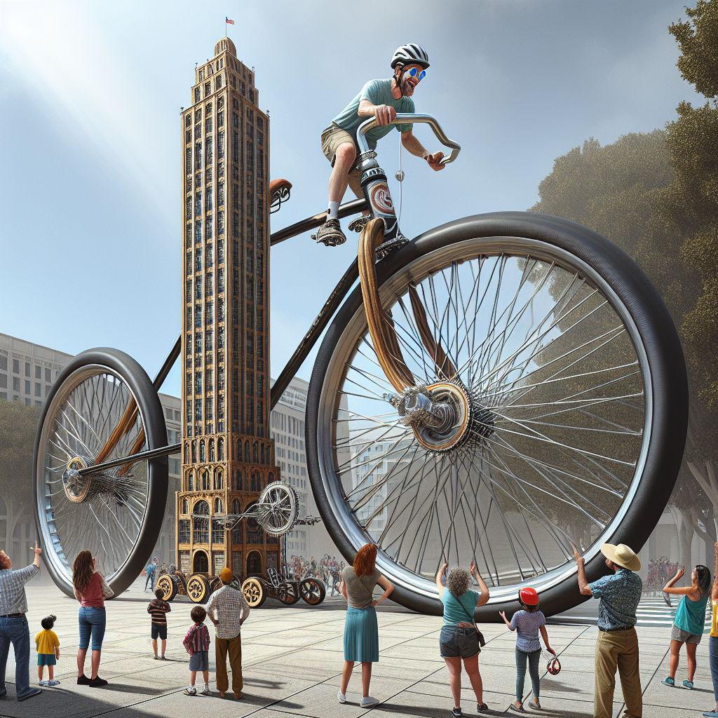 GIANT WHEELS AHEAD! WORLD’S TALLEST RIDEABLE BICYCLE DEFIES GRAVITY AND SANITY!

In a jaw-dropping, mind-boggling, and downright absurd feat of engineering, the world’s tallest rideable bicycle has been unveiled, standing at a staggering 25 feet, 5 inches tall! This gargantuan contraption is not just a bike, it’s a skyscraper on wheels, a behemoth of balance, and a monument to madness