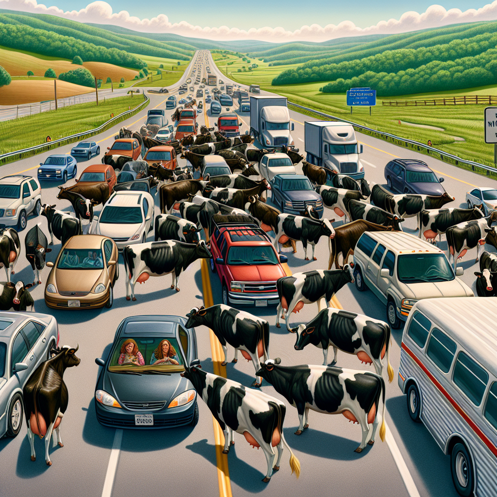 BREAKING: Chaos Erupts as Rogue Cattle Liberator Unleashes Hundreds of Bovine Bandits on Virginia Highway

In a bizarre incident that has left authorities moo-ving swiftly, a mysterious cattle crusader was spotted releasing hundreds of cows onto a busy Virginia highway, causing widespread pandemonium and a beefy traffic jam