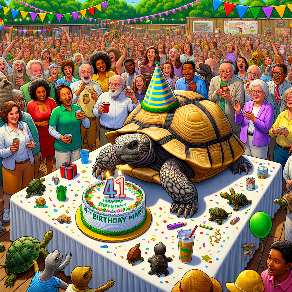 TURTLE TURNS THE BIG 4-1: Missouri’s Most Epic Turtle Celebrates Birthday in Style!

In a shell-shocking celebration that will go down in Missouri history, Peanut, the world’s most legendary turtle, turned the big 4-1 yesterday! This isn’t just any turtle, folks – Peanut is a one-of-a-kind, peanut-shaped sensation that’s been cracking jokes and crushing hearts with her adorable figure-eight shell for decades