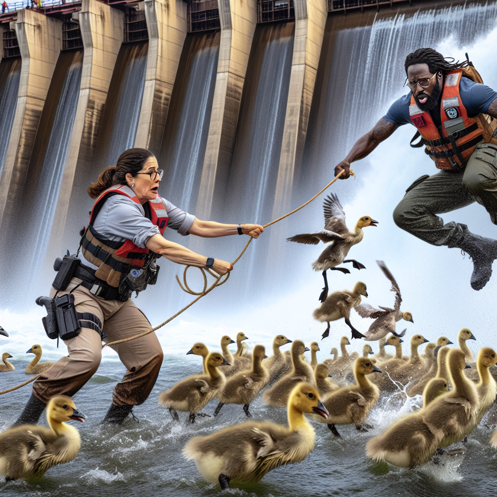 Bravery in the Face of Failure: Animal Care Officers Both Heroic and Hilarious Drama Unfolds at Local Dam

In what can only be dubbed a gripping tale of nature and negligence, a couple of animal care officers recently put their lives—if only for a brief moment—on the line for a gaggle of baby geese that had clearly not received the memo about staying away from hazardous areas