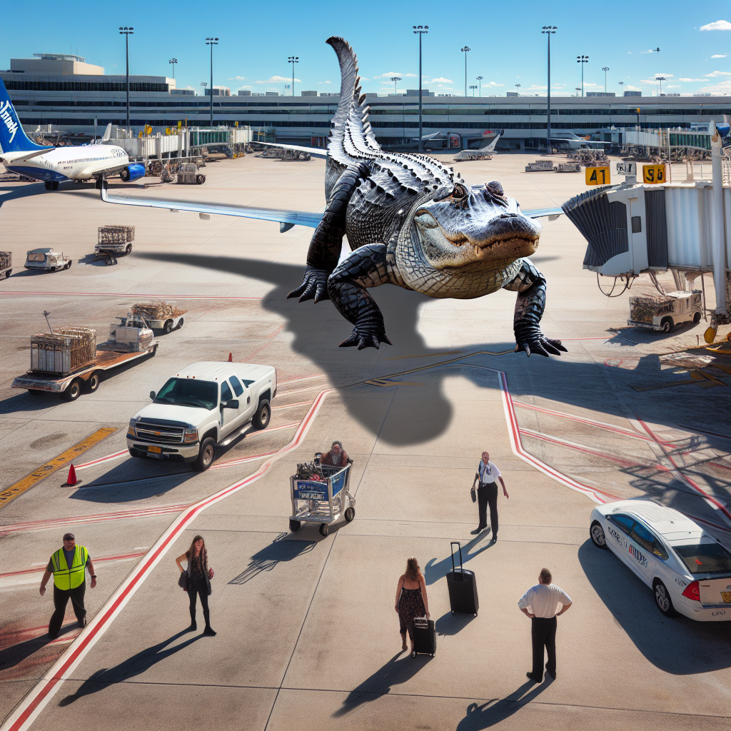 BREAKING: GATOR ON THE LOOSE!

In a bizarre incident that has left passengers and airport officials scaly with fear, a MASSIVE alligator was spotted roaming freely on the tarmac at Orlando International Airport in Florida