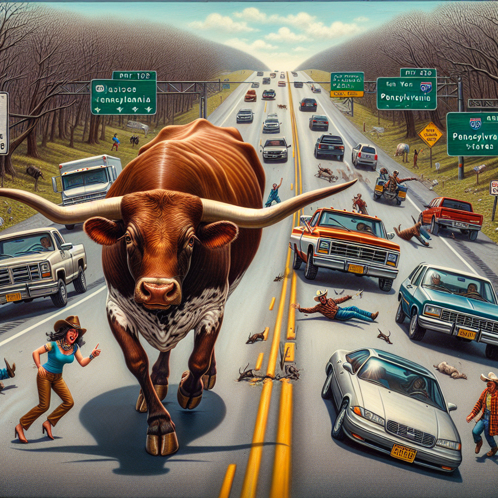 BREAKING: ROGUE LONGHORN WREAKS HAVOC ON PENNSYLVANIA HIGHWAY

In a bizarre incident that has left authorities and onlookers alike in stitches, a sassy Texas longhorn steer named “Bubba” pulled off the ultimate escape act on a Pennsylvania highway yesterday evening