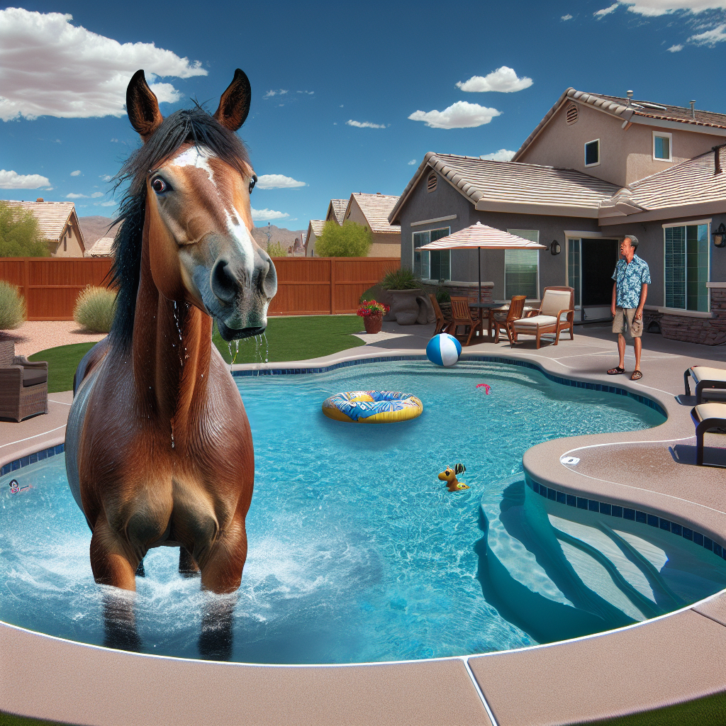 BREAKING: Equine Chaos Erupts in Nevada Suburb as Rogue Horse Takes Unplanned Dip in Backyard Pool

In a bizarre incident that has left residents of a quiet Nevada suburb aghast, a wayward horse somehow managed to escape from its enclosure and made a beeline for a residential swimming pool, where it proceeded to take an impromptu dip