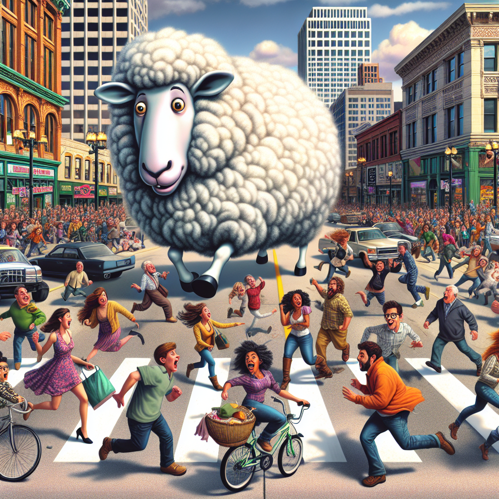 BREAKING: FLEECY MENACE ON THE LOOSE!

Milwaukee, WI – In a bizarre incident that has left animal control officers baffled, a gigantic sheep on the lam was finally corralled after a thrilling chase through the streets of Milwaukee