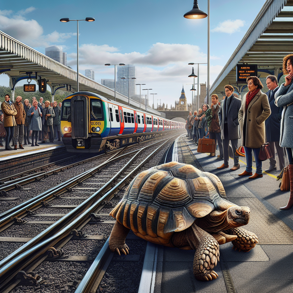 TORTTOISE ON THE LOOSE: Commuter Chaos as Reptilian Renegade Brings Train to a Standstill

LONDON, ENGLAND – In a bizarre incident that has left commuters shell-shocked, a daring tortoise was spotted trespassing on the train tracks near London, bringing a packed commuter train to a screeching halt