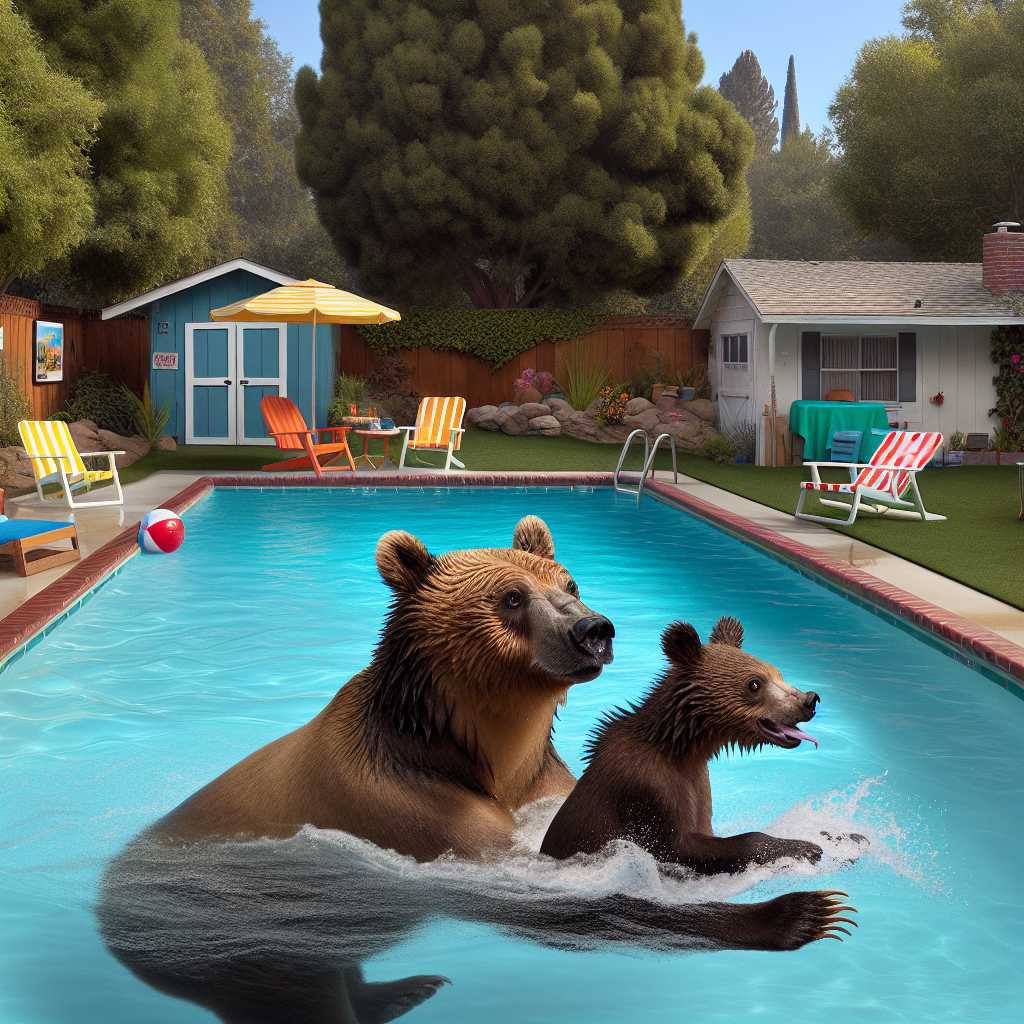 BREAKING: BEAR NECESSITIES TAKE A DIVE IN SUBURBAN SWIMMING HOLE

In a bizarre incident that has left residents of Sunnyvale, California, scratching their heads, a mother bear and her mischievous cub took an uninvited dip in a local pool yesterday evening