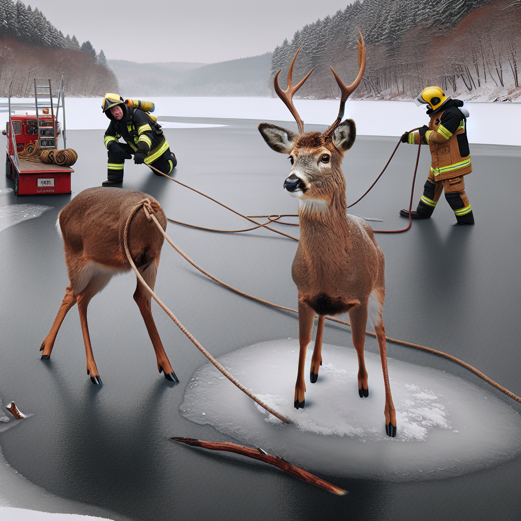 DEER’S DAREDEVIL STUNT: Local Hero Emerges as Frozen Reservoir Rescue Mission Defies All Odds!

In a jaw-dropping, heart-stopping, and downright unbelievable turn of events, a drama-filled rescue mission was undertaken yesterday evening when a daring deer named “Bucky” took an unplanned swim in the frozen reservoir of Doom