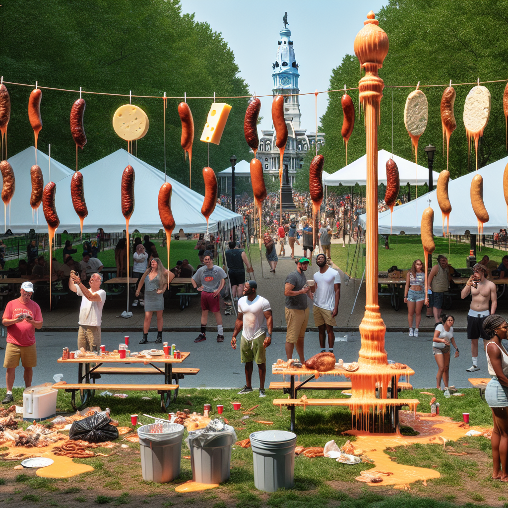 BREAKING: Philly Festival Turns into Bizarre Meat-Hanging Fiasco

In a bizarre incident that has left residents and visitors alike scratching their heads, a Philadelphia festival that concluded nearly a month ago has turned into a surreal scene, with meats and cheeses still dangling precariously from a greased pole