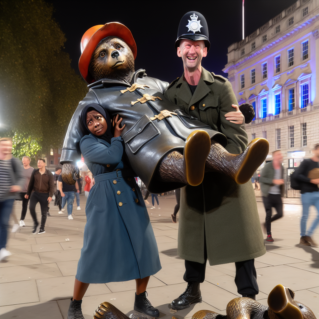 BREAKING: British Bunglers Break Beloved Bear, Nation Left in Stitches

In a shocking display of drunken ineptitude, two British service members have confessed to committing a heinous crime that has left the nation in stitches: breaking and stealing half of a cherished Paddington Bear statue