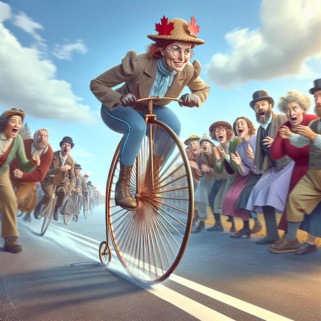 BREAKING: Canadian Woman Shatters Speed Records on Penny Farthing Bike, Leaves Onlookers in Dust (and Slightly Concerned for Her Sanity)

In a jaw-dropping display of daredevilry, 32-year-old Canadian cyclist, Lola LaFleur, has set not one, but TWO new world records on her trusty penny farthing bike