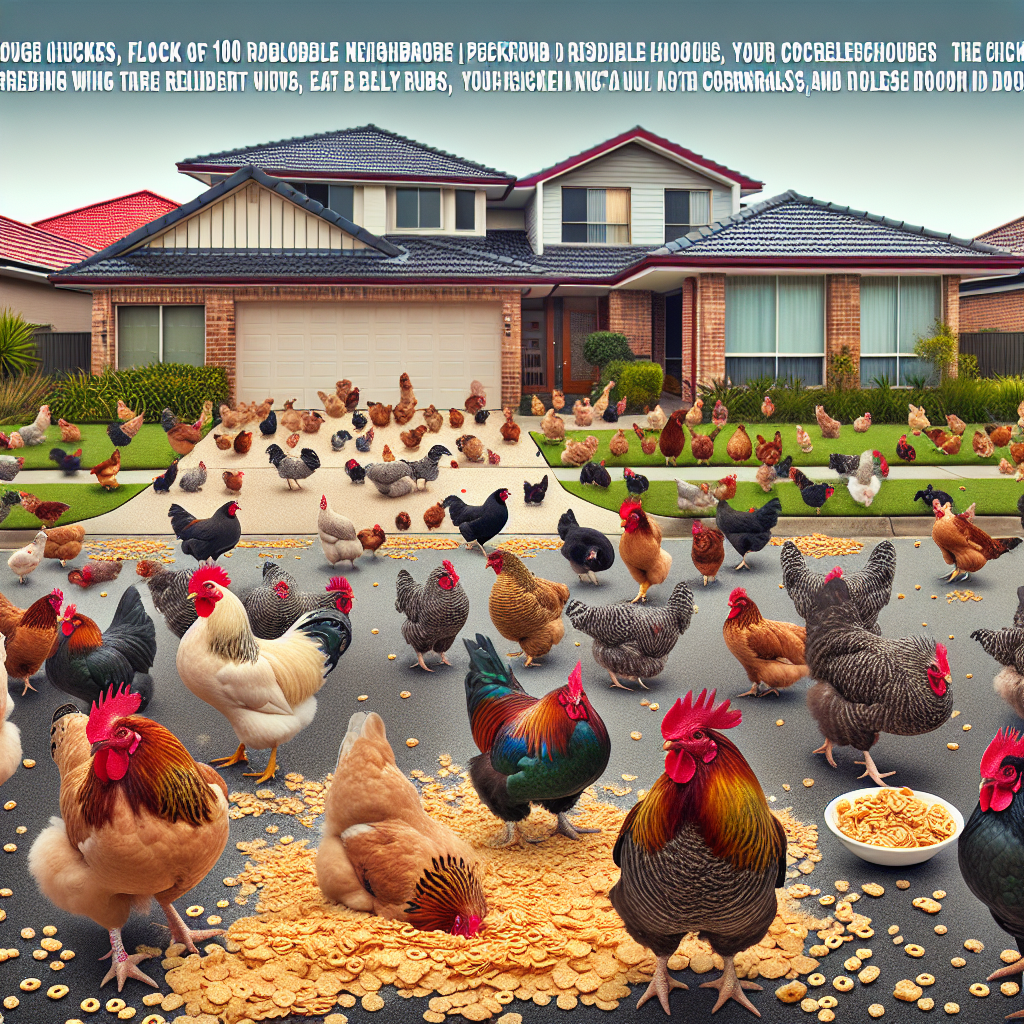 BREAKING: FLOCK OF ROGUE CHICKENS TERRORIZES NEIGHBORHOOD, DEMANDS BELLY RUBS AND CORNFLAKES

In a bizarre incident that has left residents scratching their heads, a gang of approximately 100 feral chickens has taken over a quiet suburban street, ruling with an iron wing and refusing to let anyone leave their homes