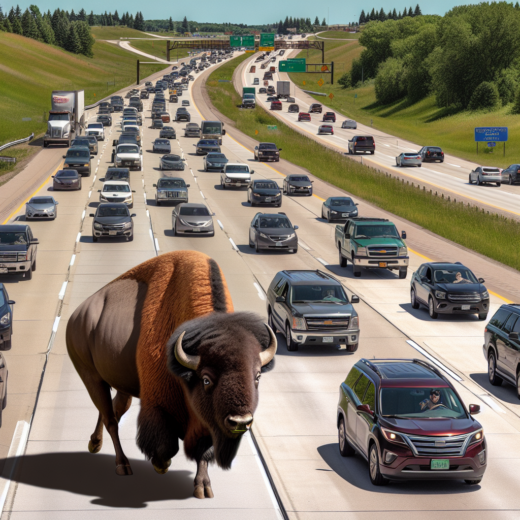 BREAKING: BISON ON THE LOOSE! WISCONSIN HIGHWAY DESCENDS INTO PANDEMONIUM

MADISON, WI – In a bizarre incident that has left residents of Wisconsin scratching their heads, a rogue bison was spotted roaming freely on a busy highway in the heart of the state