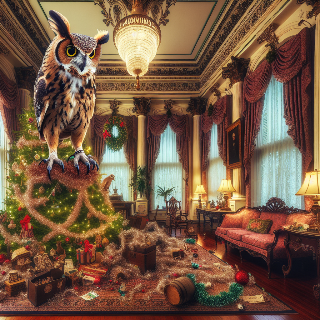 BREAKING: FOWL PLAY ROCKS REVERED RESIDENCE

ATLANTA, GA – In a bizarre incident that has left historians and ornithologists alike in stitches, a feisty owl has taken up residence on the Christmas tree inside the historic Biltmore Estate’s southern cousin, the Fairburn Mansion