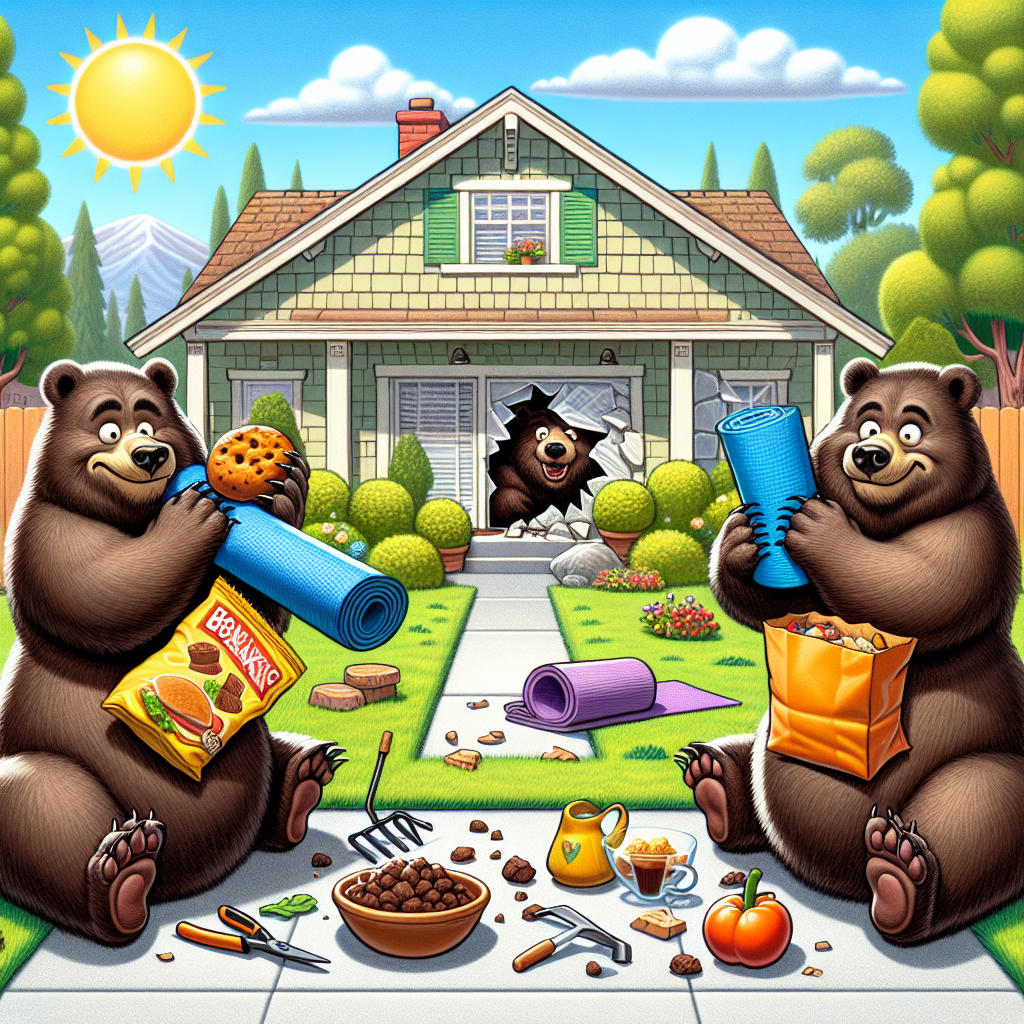 BREAKING: BEAR ON THE LOOSE!

In a bizarre string of events, a brazen bear has been terrorizing the normally tranquil community of Oakdale, California, committing not one, not two, but FIVE daring break-ins in a staggering TWO HOURS!

According to eyewitnesses, the furry thief, estimated to be around 300 pounds of pure, unadulterated fluff, was seen smashing through windows, kicking in doors, and making off with an impressive haul of snacks, gardening tools, and what can only be described as a “gently used” yoga mat