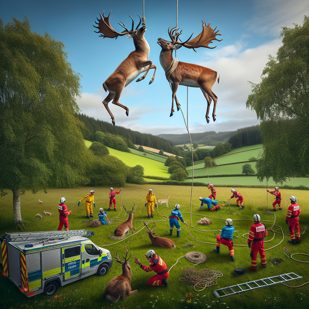DEER IN DISTRESS: Dramatic Rescue Operation Saves Two Deer with Antlers Tangoing in Mid-Air

In a jaw-dropping, action-packed, and utterly absurd turn of events, a team of fearless animal rescuers sprang into action to save two deer whose antlers became entangled in a rope, suspending them precariously in mid-air for a whopping 45 minutes!

The drama unfolded in a quiet meadow in rural Nowheresville, USA, where hikers stumbled upon the distressed duo