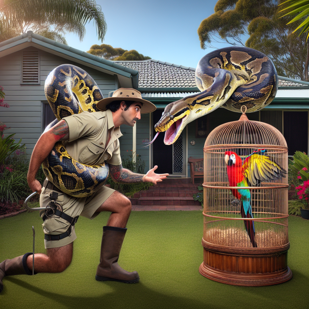 BREAKING: SNAKE-GATE ROCKS SUBURBAN AUSTRALIA

In a heart-stopping, beak-gripping, feather-ruffling incident, a daring snake catcher was summoned to a quiet suburban home in Australia, where a brazen coastal carpet python had invaded a pet bird’s pad and nearly became its new best friend