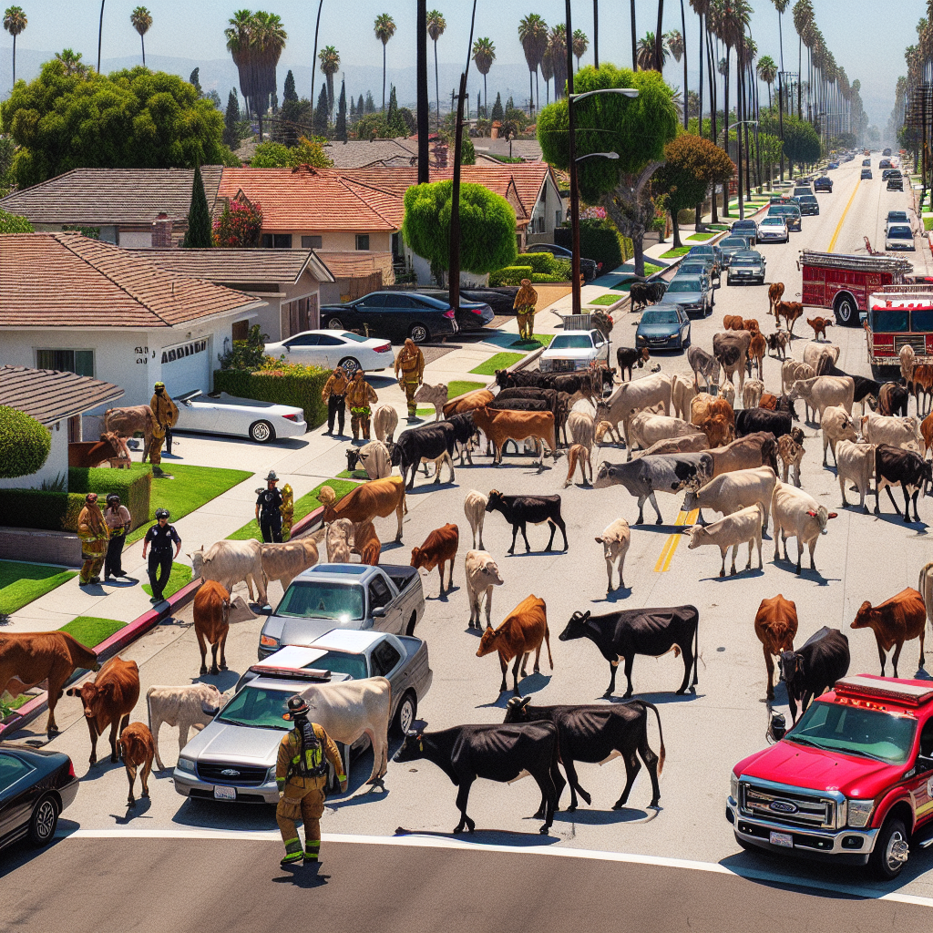 BREAKING: BOVINE INVASION ROCKS CALIFORNIA CITY AS 60 COWS RUN AMOK

In a bizarre incident that has left residents moo-ving in shock, a herd of 60 cows somehow managed to break free from a local farm and take over the streets of suburban Los Angeles
