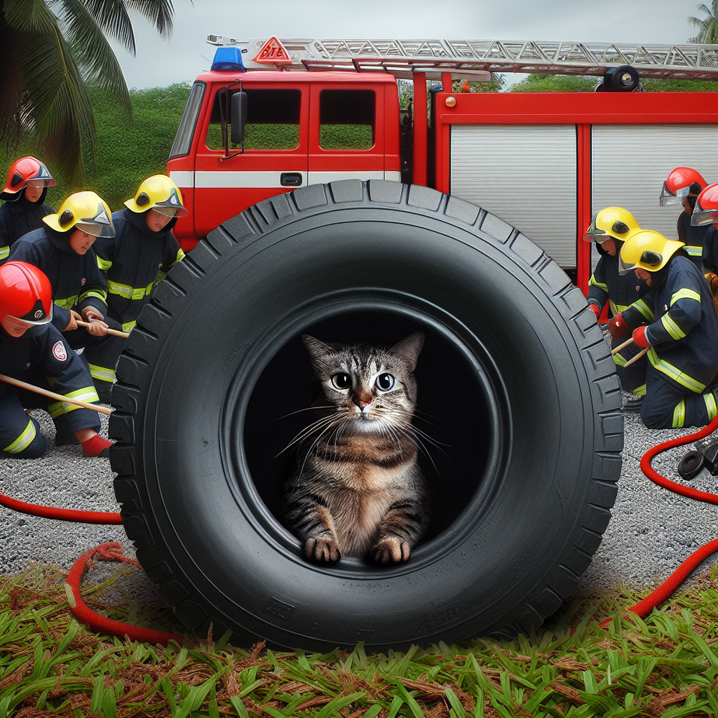 BREAKING: FELINE IN EXTREME TIRE TROUBLE!

In a daring and utterly absurd rescue mission, a team of brave firefighters from the local department saved a cat from a predicament so ridiculous, it’s a wonder it didn’t make the Guinness World Records