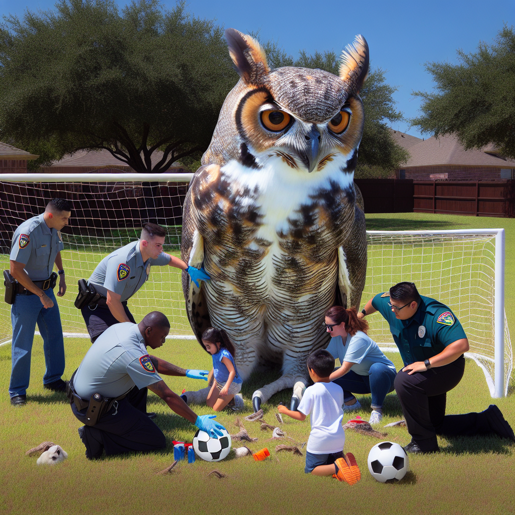 BREAKING: FOWL PLAY AVOIDED AS GIGANTIC OWL RESCUED FROM SOCCER NET IN SUBURBAN TEXAS

In a daring rescue operation that has left the good people of Plano, Texas, in awe, a team of brave animal control officers managed to free a gargantuan great horned owl from a soccer net in a local park