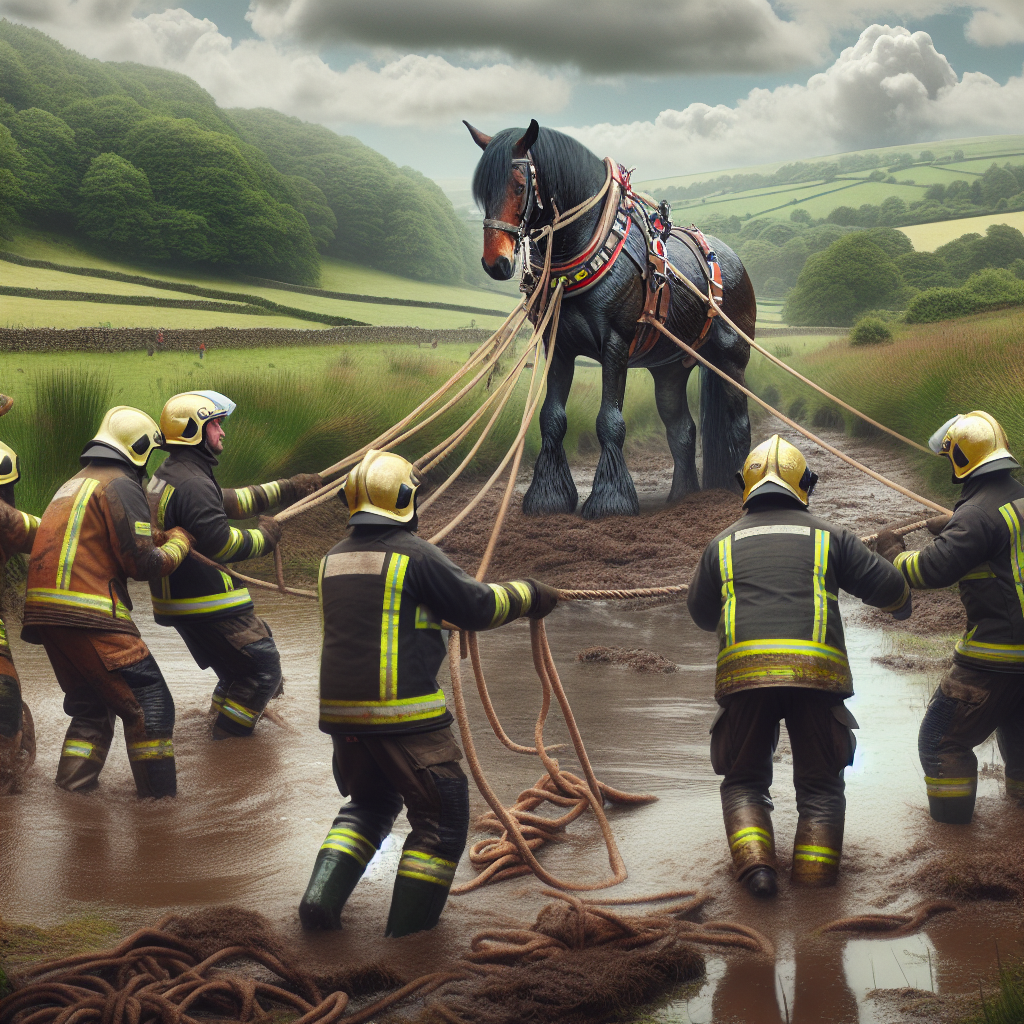 BREAKING: DARING RESCUE OPERATION SAVES MAJESTIC STEED FROM TREACHEROUS BOG

In a daring display of bravery and strength, a team of firefighters in rural England successfully hoisted a gargantuan horse out of a treacherous bog yesterday evening, saving the majestic creature from a watery grave