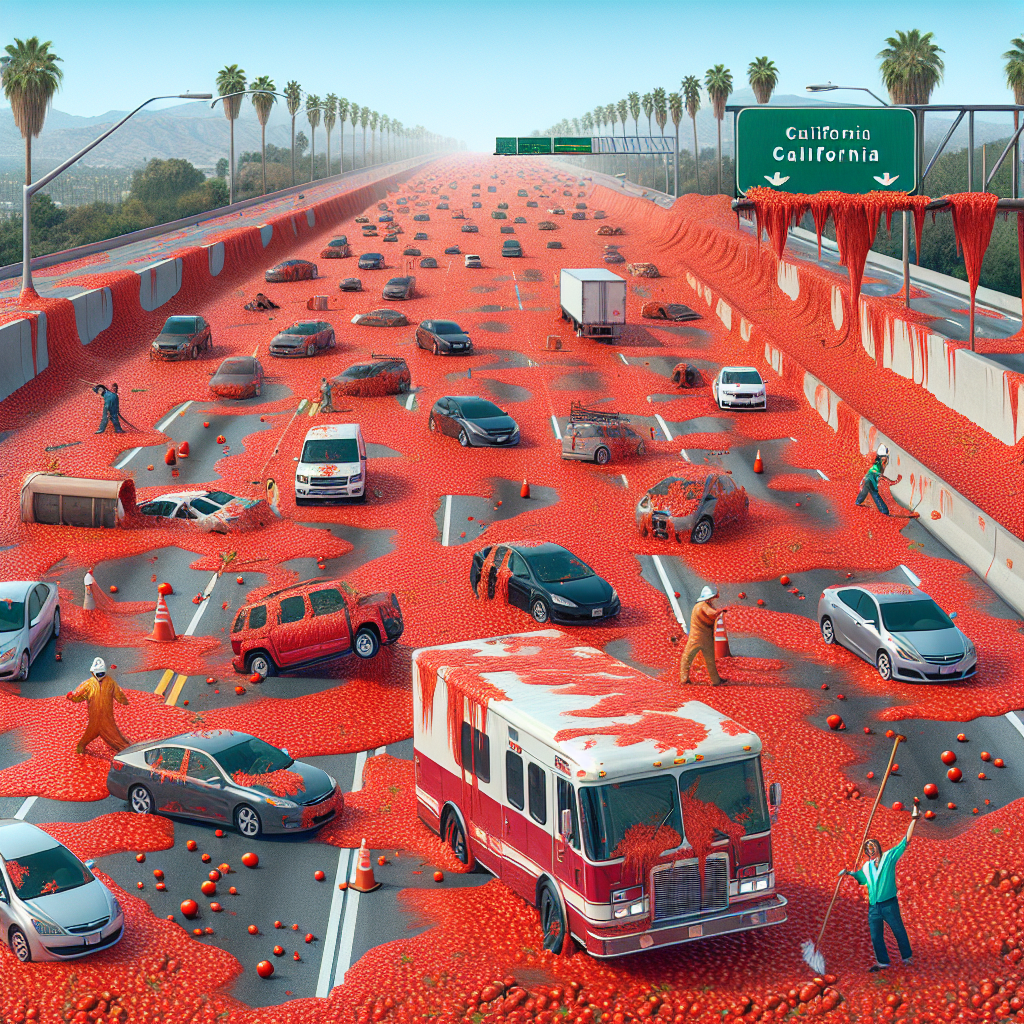 BREAKING: California Highway Turns into Giant Tomato Sauce Factory as Truck Goes Rogue!

In a bizarre incident that will leave you red-faced and sauce-stained, a massive truck carrying a whopping 100,000 pounds of juicy tomatoes took a tumble on Highway 101 in California, sending the crimson cargo flying everywhere!

The tomato tsunami hit the road like a tidal wave, covering a 5-mile stretch of asphalt in a sticky, red mess that made it look like a scene from a saucy sci-fi movie