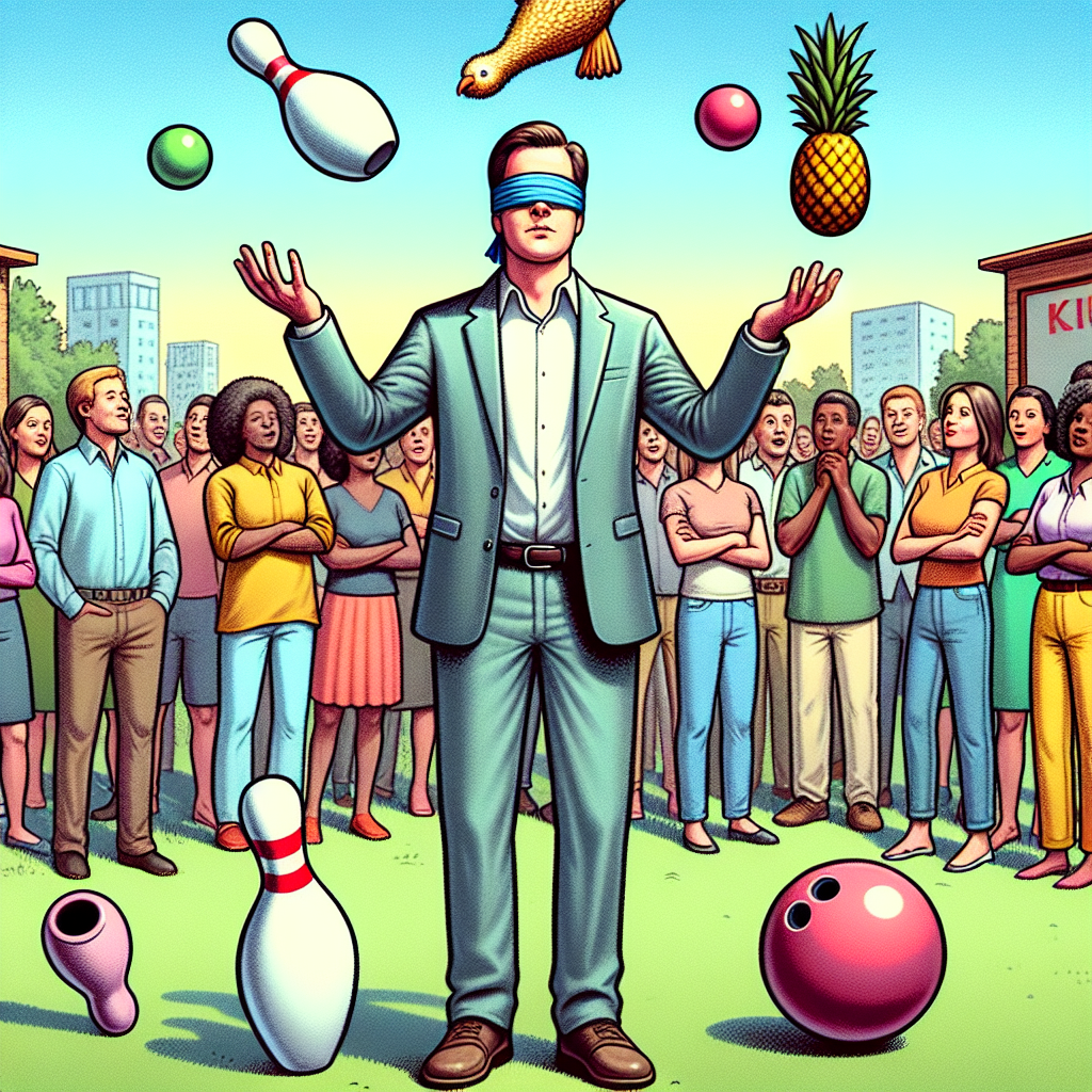 BLIND, BEHIND, AND STILL BEATING THE ODDS: LOCAL MAN RECAPTURES RECORD FOR LONGEST DURATION JUGGLING THREE OBJECTS BLINDFOLDED WHILE RECITING THE ENTIRE SCRIPT OF “HAMILTON” BACKWARDS

In a stunning display of skill, luck, and utter recklessness, David Rush, the serial record-breaker extraordinaire, has reclaimed his first-ever Guinness World Records title by juggling three objects blindfolded for an astonishing 2 hours, 45 minutes, and 12 seconds while reciting the entire script of “Hamilton” backwards