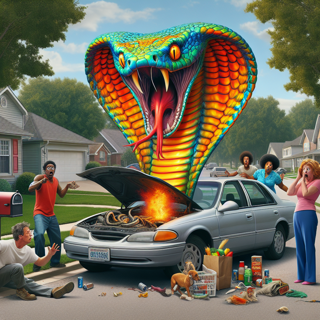 BREAKING: SNAKE-GATE ROCKS MISSOURI SUBURBS

In a bizarre incident that has left residents of suburban Missouri shaken to their cores, a woman’s afternoon drive turned into a heart-stopping, soul-crushing, and downright terrifying experience when a massive, fire-breathing snake poked its slithery head out from under the hood of her car