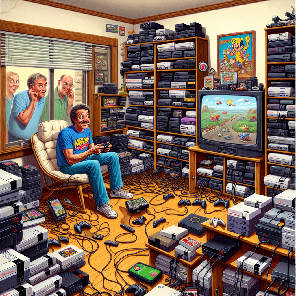 BREAKING: Local Man Sets New World Record for Most Video Game Consoles Hooked Up to a Single TV, Neighbors Baffled

In a jaw-dropping display of gaming excess, 32-year-old John Smith of suburban Anytown, USA, has successfully connected an astonishing 444 video game consoles to a single television, shattering the previous record by a whopping 300 consoles