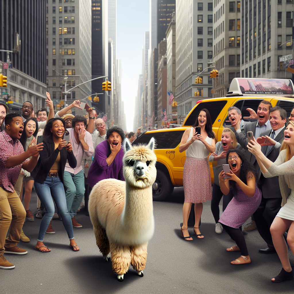 BREAKING: FLEECEY FURY UNLEASHED ON BIG APPLE

In a bizarre incident that has left residents of Manhattan scratching their heads, a rogue alpaca was spotted roaming the streets of New York City, causing chaos and delighting onlookers