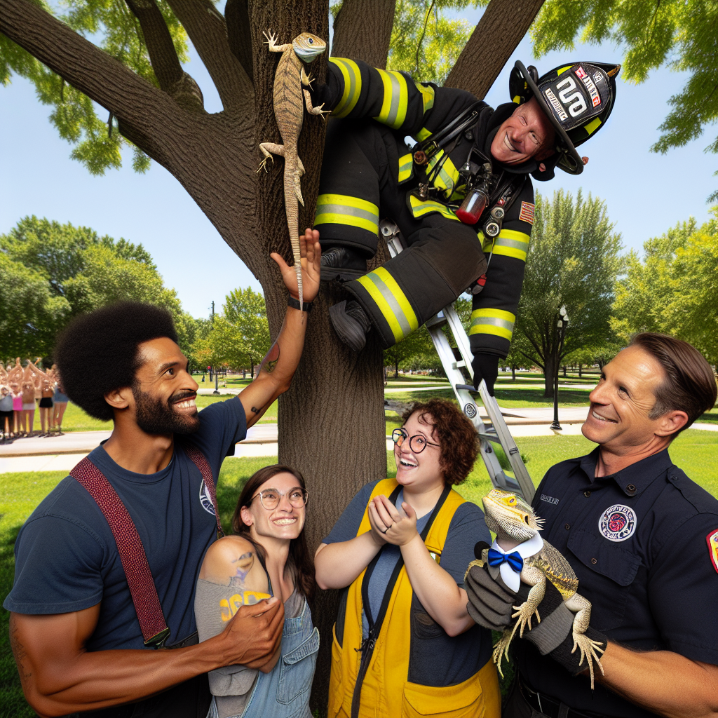 Local Firefighters Honored for Heroic Rescue of Academic Lizard in Perilous Situation

In a heartwarming display of courage and dedication, local firefighters in Springfield found themselves at the forefront of a rescue operation that can only be described as the ultimate act of heroism: saving a pet lizard stranded in a tree