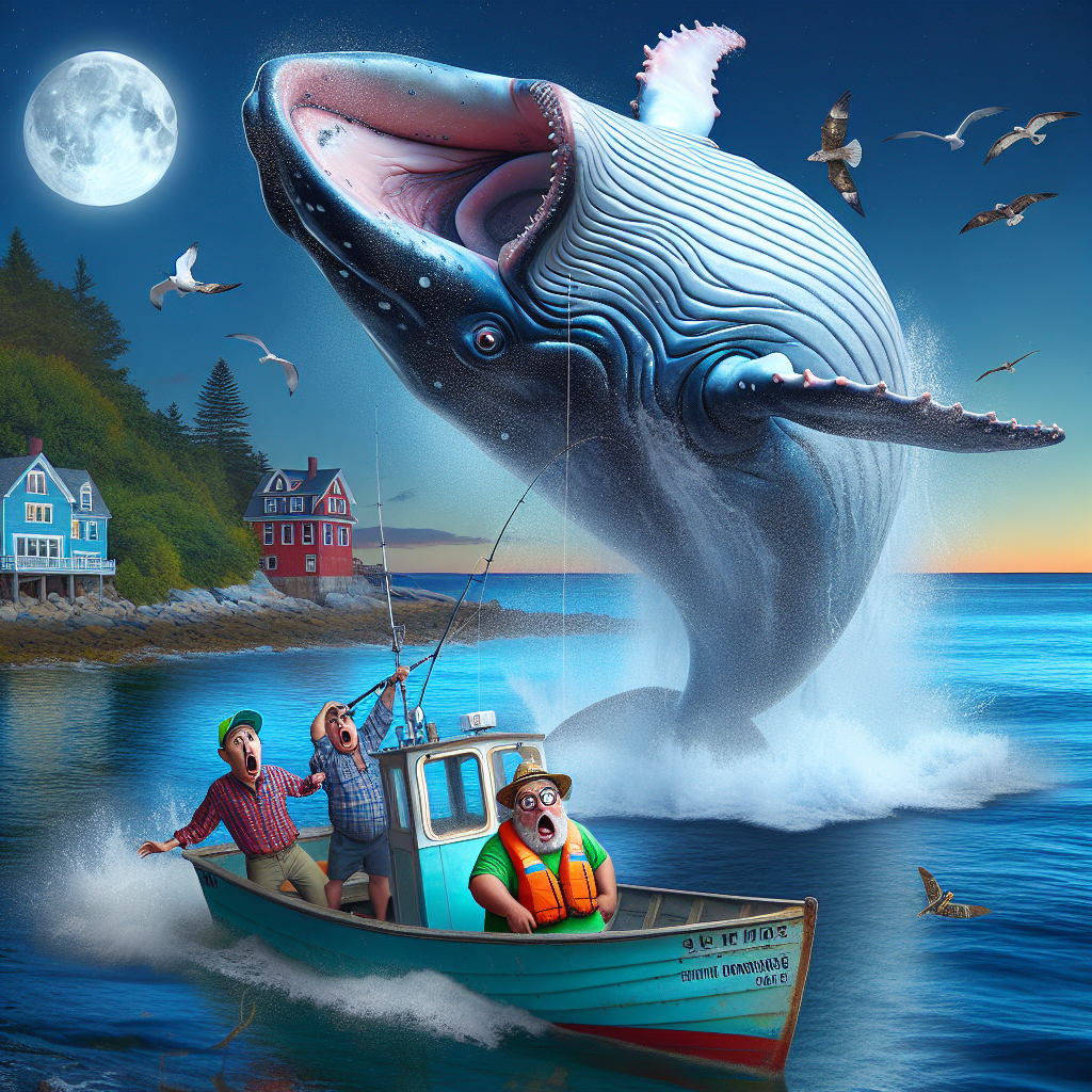 BREAKING: WHALE APOCALYPSE STRIKES NEW HAMPSHIRE COAST!

In a heart-stopping, jaw-dropping, and fin-tastic display of aquatic acrobatics, a gargantuan whale launched itself out of the depths of the ocean and CRASHED INTO A FISHING BOAT, sending two unsuspecting fishermen flying into the drink off the coast of New Hampshire on Tuesday!

The drama unfolded at approximately 3:14 AM, when the behemoth sea creature, estimated to be a whopping 50 FEET LONG AND 20 TONS HEAVY, rose up out of the darkness like a leviathan from the depths of the underworld and SMASHED INTO THE TINY FISHING VESSEL, causing it to CAPSIZE IN A MATTER OF SECONDS!

Miraculously, the two occupants of the doomed vessel, identified as 32-year-old Bubba Jenkins and his trusty sidekick, 29-year-old Larry McLobsterface, managed to escape with their lives, albeit with a healthy dose of SEAWATER LUNGS and FISH-SCALE-SHOCK