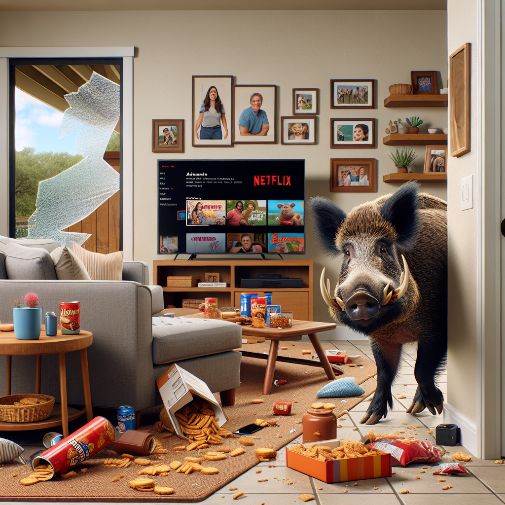 BREAKING: WILD BOAR WREAKS HAVOC ON SUBURBAN HOME, DEMANDS SNACKS AND NETFLIX PASSWORD

In a bizarre incident that has left residents of Oakdale, USA, in a state of utter pandemonium, a marauding wild boar crashed through the sliding glass door of a local homeowner’s residence and proceeded to make itself at home