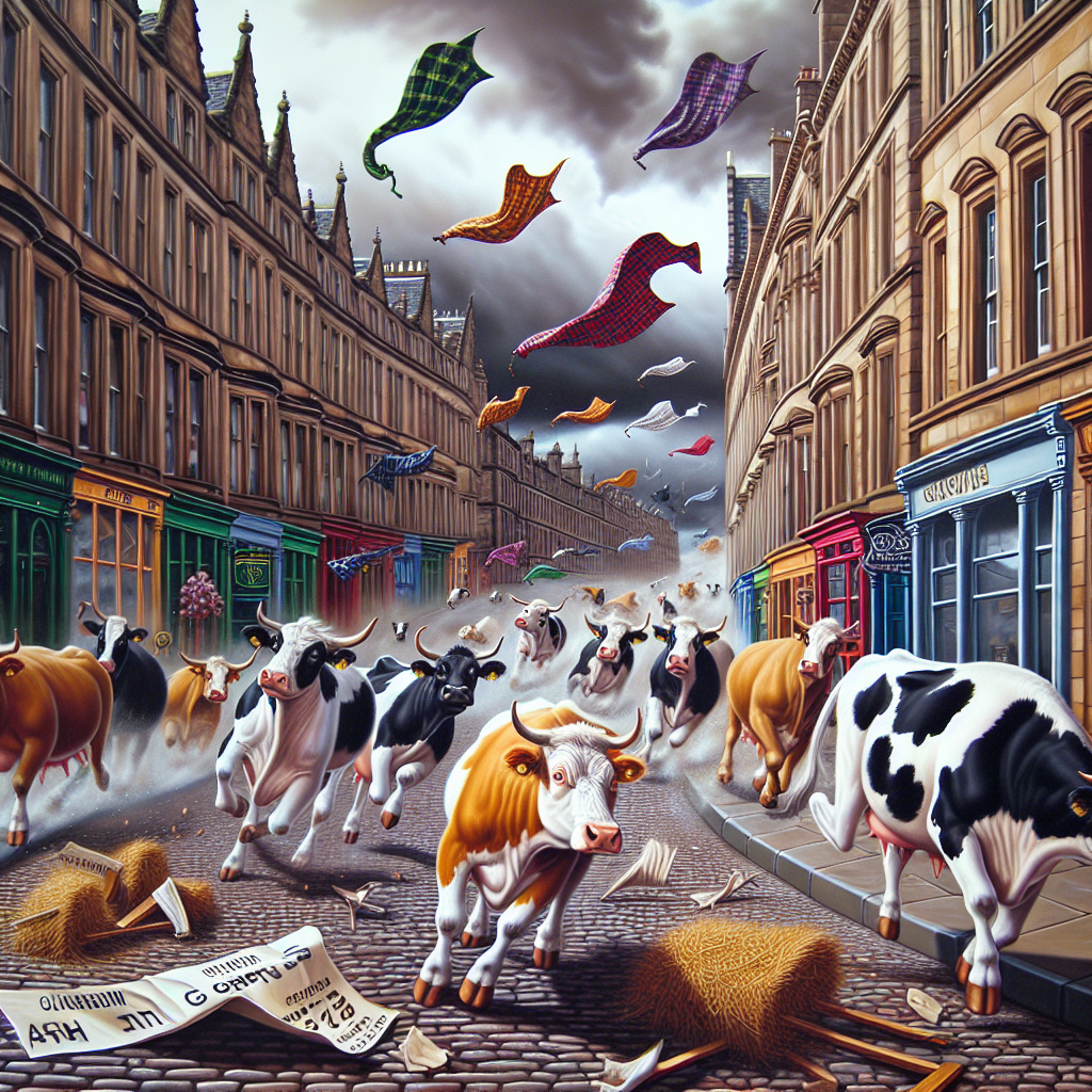 BREAKING: BOVINE BEDLAM UNLEASHED UPON SCOTLAND’S STREETS

In a bizarre and udderly absurd turn of events, a fierce windstorm swept through the Scottish city of Glasgow, leaving a trail of chaos and mooing mayhem in its wake