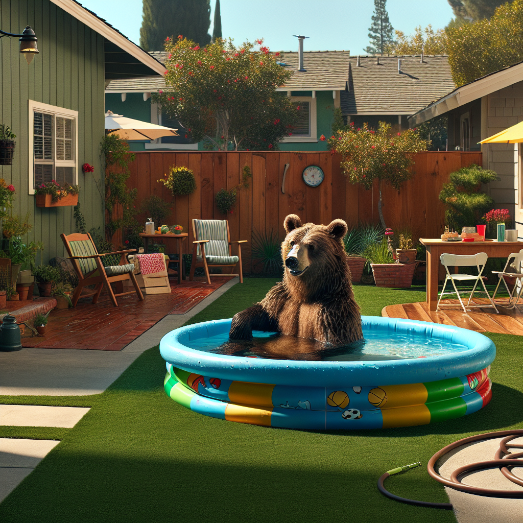 Local Bear Discovers the Simple Joys of Suburban Life in California Kiddie Pool

In what can only be described as a heartwarming tale of interspecies friendship, a local bear in California has taken a break from the wild to immerse itself in the luxuries of suburban living—specifically, taking a refreshing dip in a family’s kiddie pool