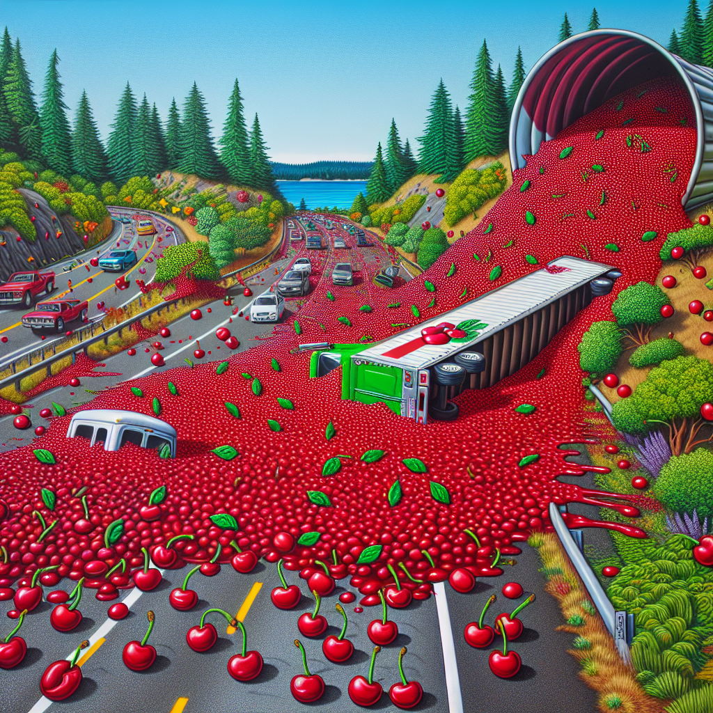 BREAKING: Cherry-pocalypse Strikes Pacific Northwest as Truck Overturns, Blankets Highway in Juicy Red Fruit

SEATTLE, WA – In a bizarre incident that has left residents and commuters agog, a tractor-trailer carrying a massive load of fresh cherries overturned on a major highway in Washington state, covering the road in a sea of red, juicy goodness