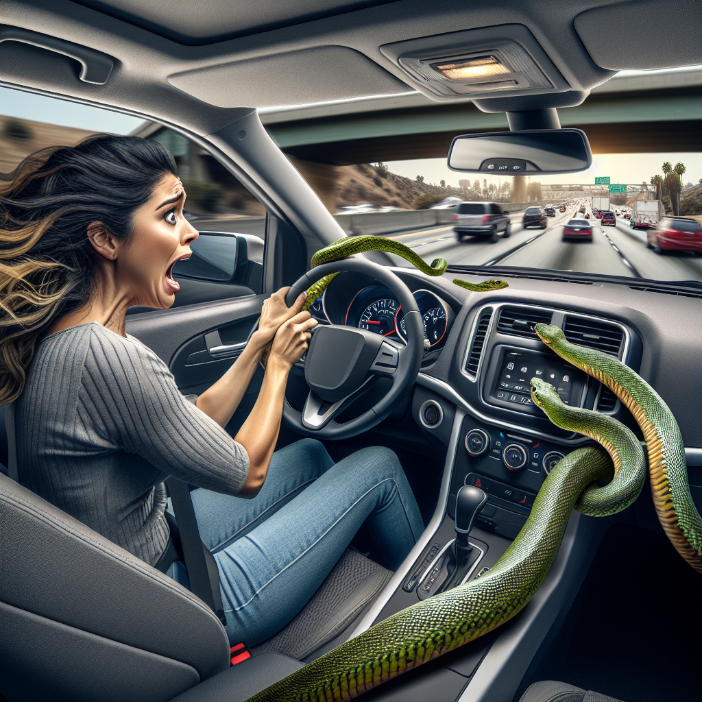Freeway Extravaganza: Woman’s Unplanned Encounter with a Slithery Passenger

In a remarkable turn of events that truly highlights the charm and excitement of highway driving, a woman found herself in a delightful predicament involving not one, but two integral components of life: snakes and panic