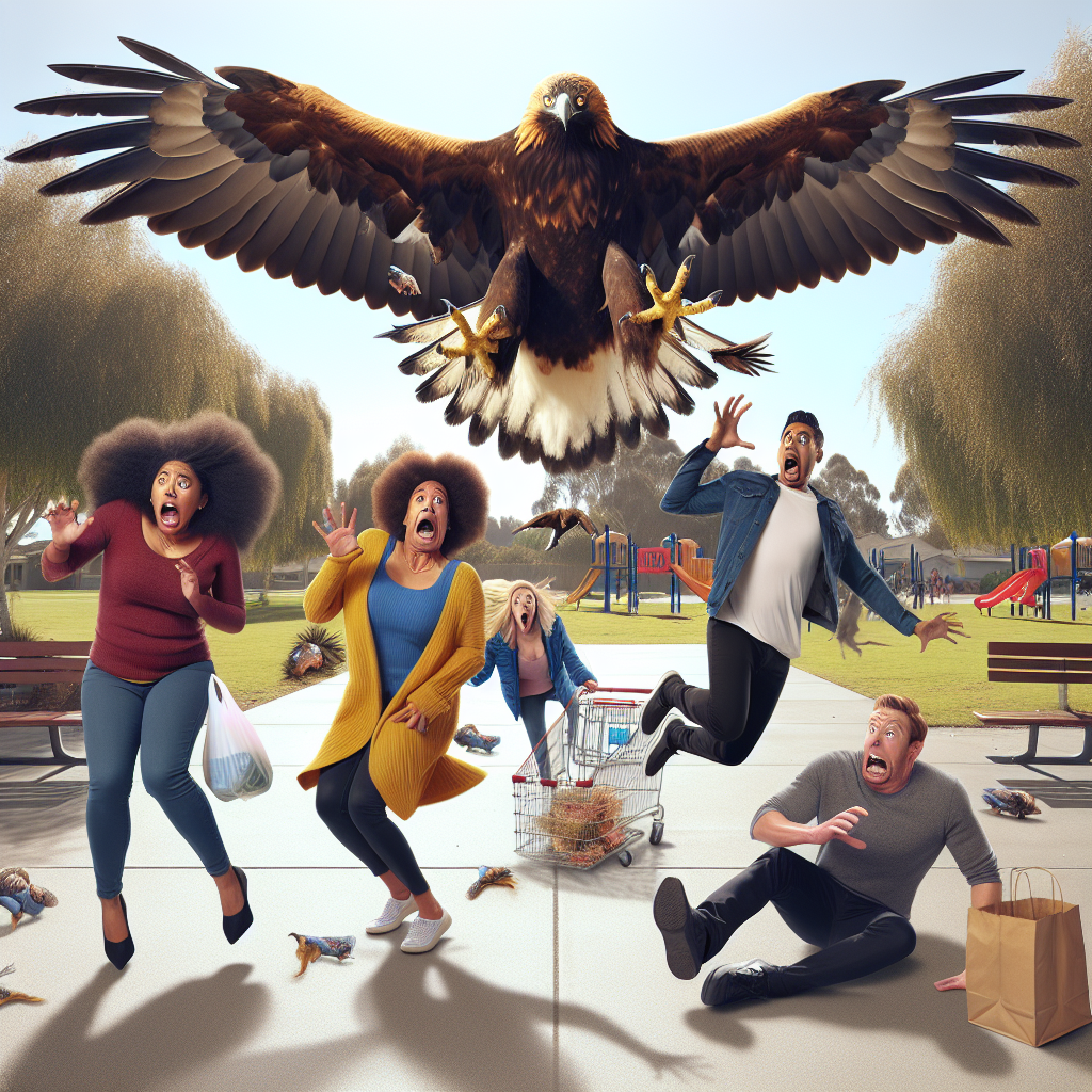 BREAKING: FEATHERED MENACE ON THE LOOSE!

In a shocking and terrifying turn of events, a brazen young golden eagle has launched not one, not two, not three, but FOUR attacks on humans in the past week, leaving a trail of screams, flailing limbs, and one very traumatized toddler in its wake