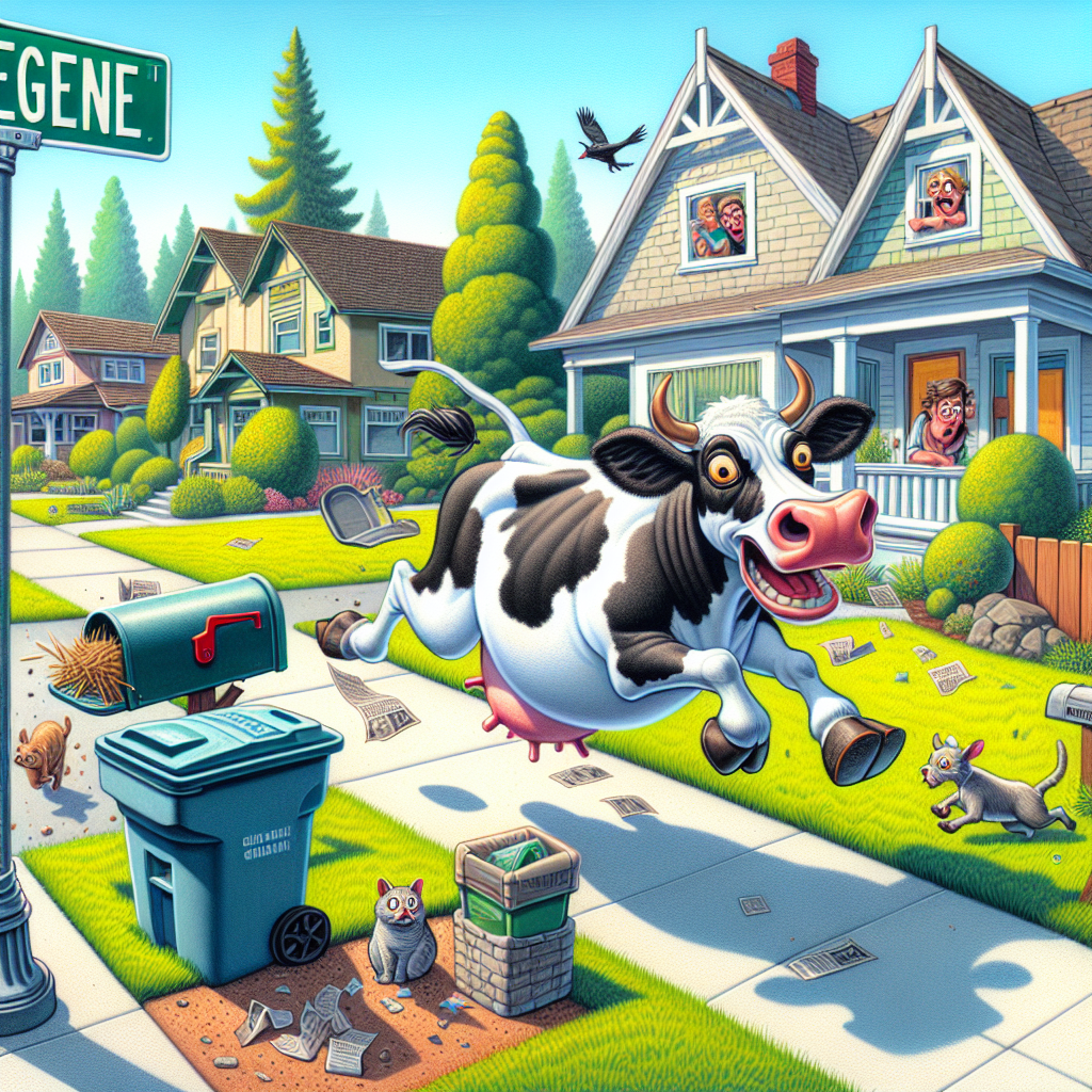 BREAKING: ROGUE COW TERRORIZES EUGENE NEIGHBORHOOD, RESIDENTS ADVISED TO STAY INDOORS

In a bizarre incident that has left residents scratching their heads, a cow somehow managed to escape from a trailer and went on a wild adventure through the normally quiet streets of Eugene, Oregon