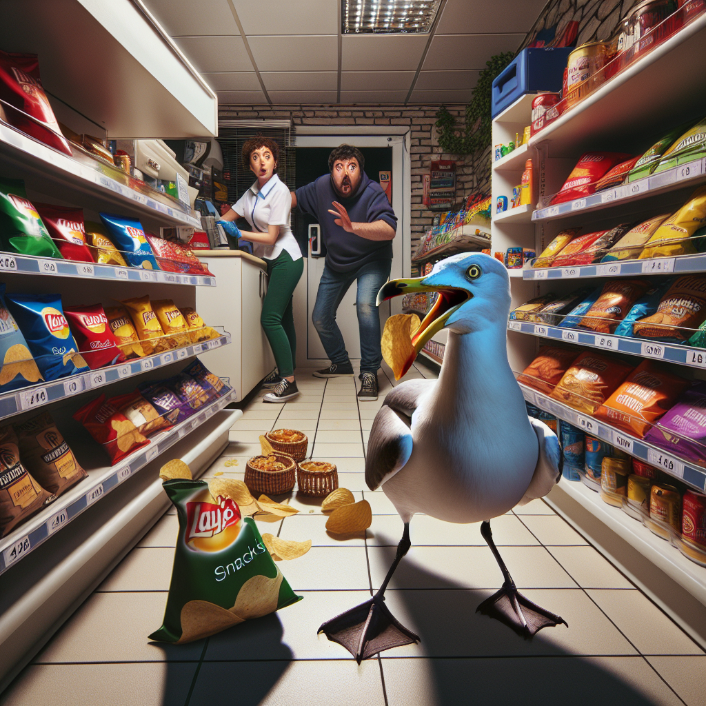 BREAKING: FEATHERED THIEF WREAKS HAVOC ON LOCAL CONVENIENCE STORE

In a daring daylight heist, a sneaky seagull named Steve (or “The Chip Snatcher” as he’s come to be known) has been stealing bags of chips from a convenience store in a shocking display of avian audacity