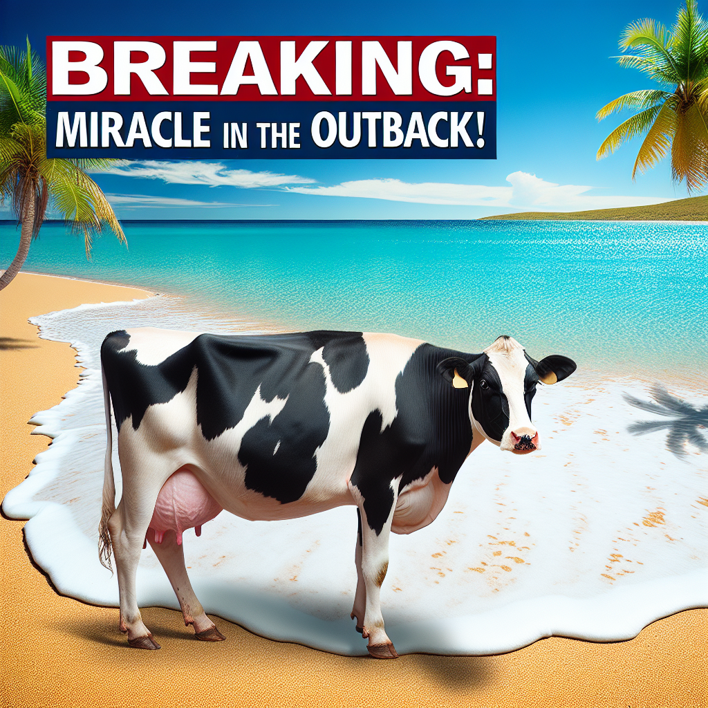 BREAKING: MIRAACLE IN THE OUTBACK!

In a stunning turn of events, a cow named Bessie has been found alive and kicking on a sun-kissed Australian beach, after being swept up by raging floodwaters and carried an astonishing 11 miles out to sea!

Eyewitnesses claim that Bessie, a 3-year-old Holstein cow, was seen peacefully grazing in a lush green meadow just hours before she was plucked from her home and sent on an epic journey down the flooded river
