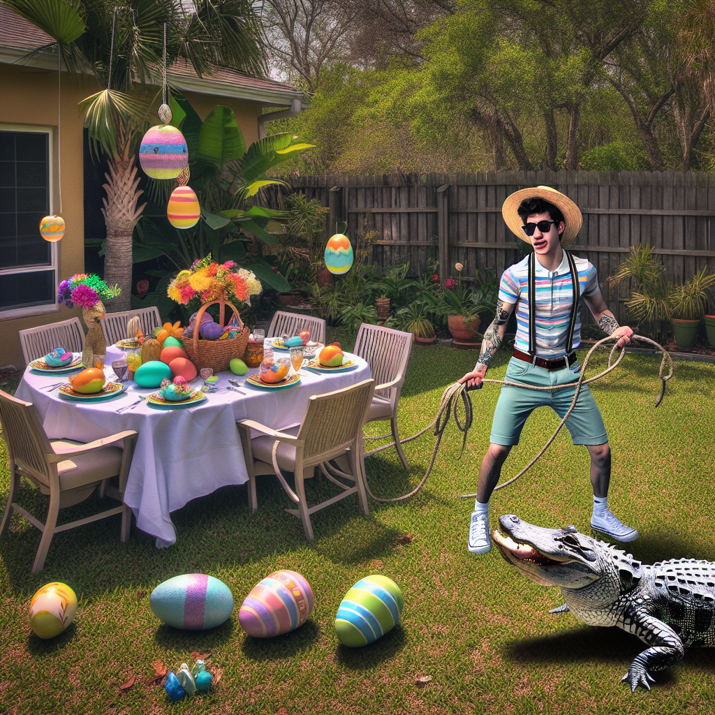 BREAKING: Florida Man’s Easter Dinner Interrupted by Gator Caper

In a bizarre incident that has left residents of Sunnyville, Florida, in stitches, 32-year-old Bubba Jenkins was forced to abandon his Easter dinner plans to wrangle a massive alligator that had wandered into his backyard