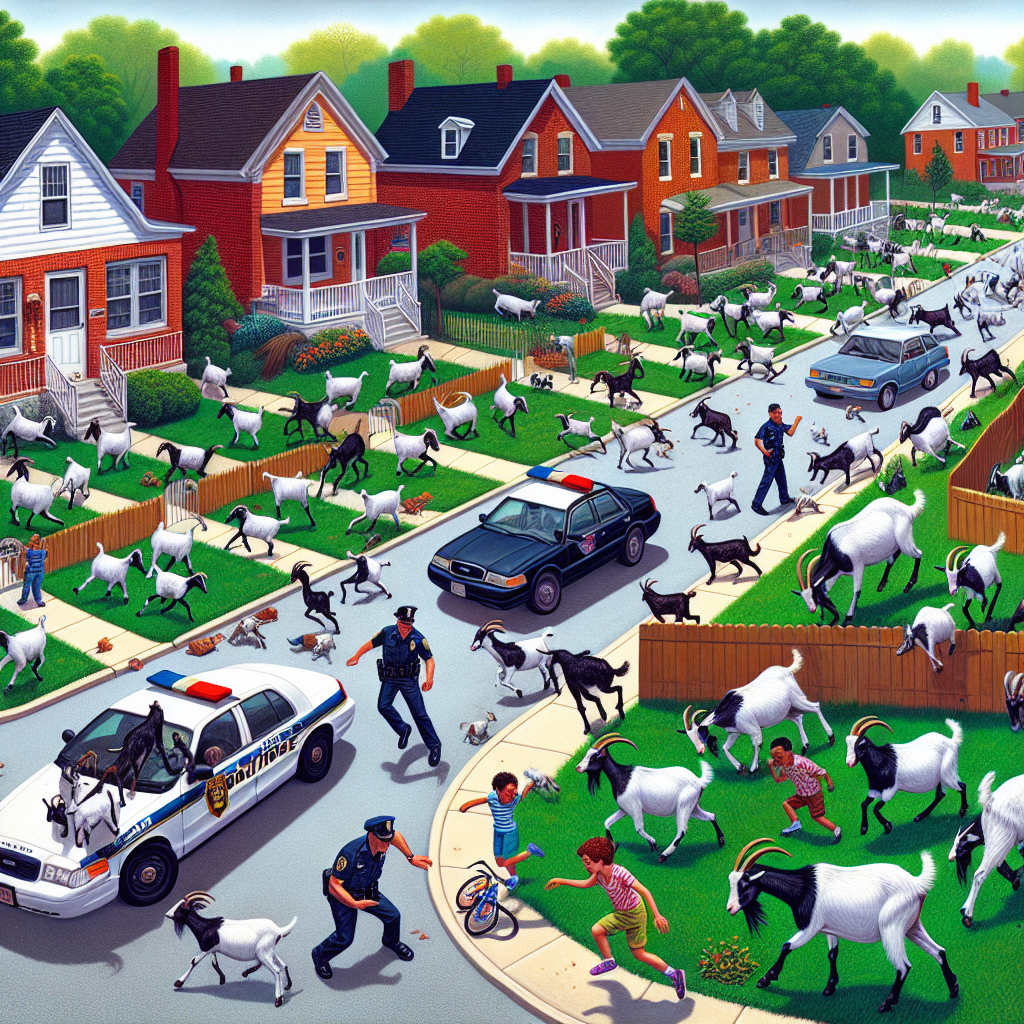 BREAKING: GOAT-ASTROPHE AVERTED IN BALTIMORE SUBURBS AS AUTHORITIES ROUND UP ROGUE HERD

In a daring operation that will go down in history as one of the greatest animal roundups of all time, a team of brave Baltimore police officers, animal control specialists, and a posse of plucky neighborhood kids joined forces to corral a marauding herd of escaped goats that had been wreaking havoc on the streets of suburban Baltimore