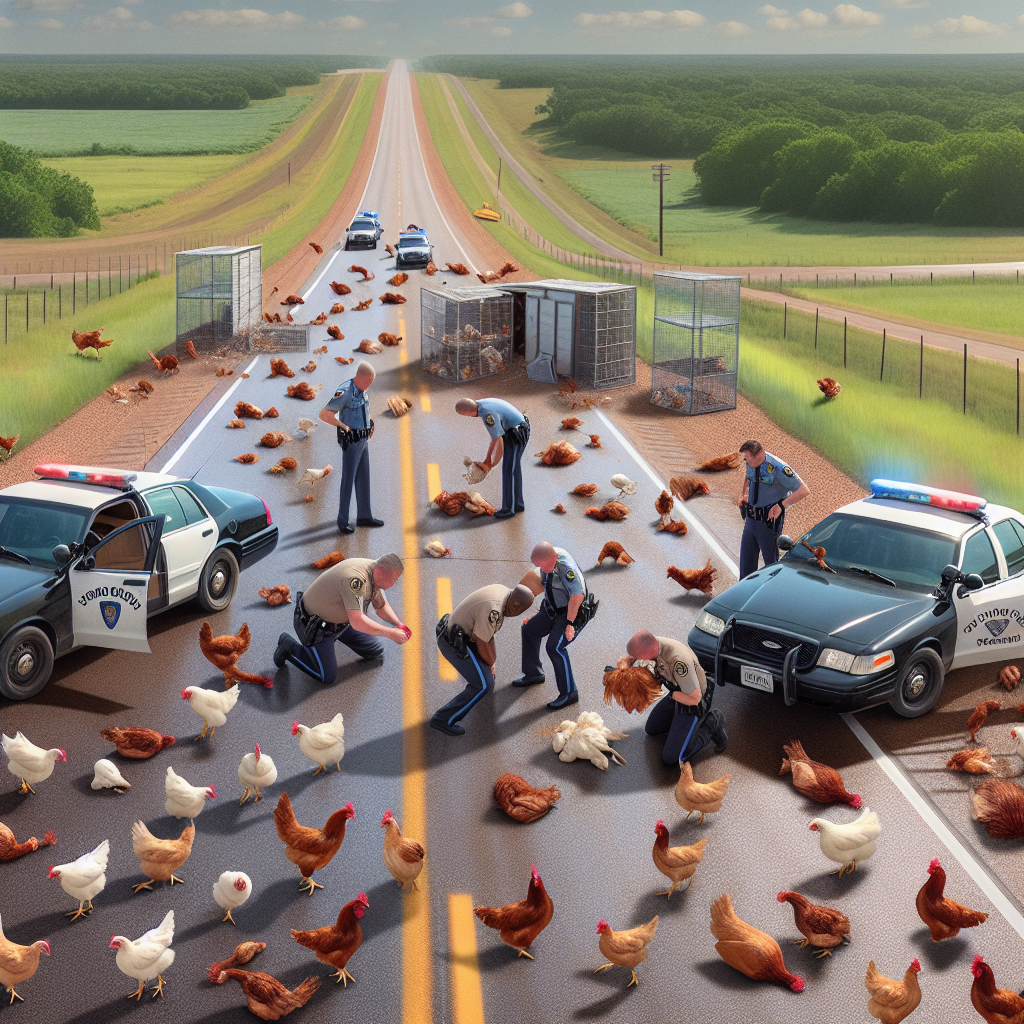 BREAKING: FOWL PLAY AVOIDED AS CHICKENS RESCUED FROM OKLAHOMA HIGHWAY

In a daring rescue operation that has left locals clucking with joy, a group of brave Oklahoma highway patrol officers saved dozens of chickens from certain doom on a busy highway yesterday