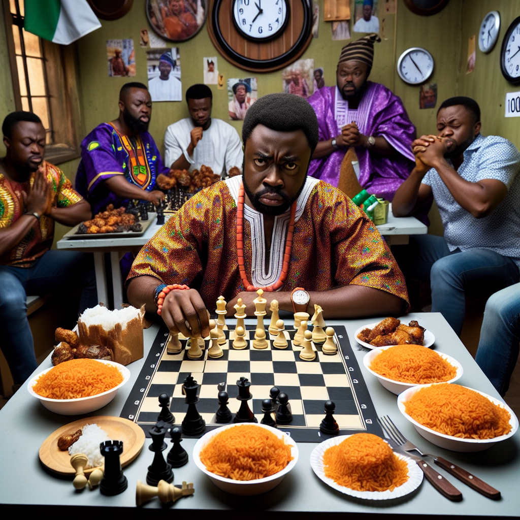 BREAKING: Nigerian Chess Master Enters Day 3 of Marathon Chess Session, Survives on Jollof Rice and Prayers

In a bizarre attempt to shatter the Guinness World Record for longest consecutive hours spent playing chess, Nigerian chess master, 32-year-old Abubakar “The Checkmate King” Muhammed, has now surpassed the 50-hour mark, leaving onlookers in awe of his alleged endurance