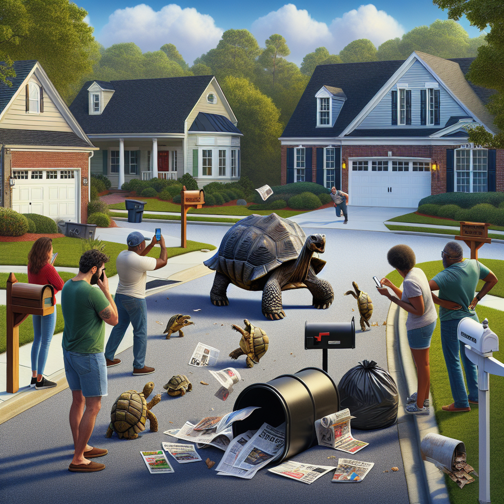 BREAKING: ROGUE TORTOISE ON THE LOOSE, WREAKING HAVOC IN SUBURBAN NEIGHBORHOOD

COLUMBIA, SC – In a bizarre incident that has left residents scratching their heads, a tortoise on the lam has been spotted roaming the streets of a quiet suburban neighborhood in South Carolina